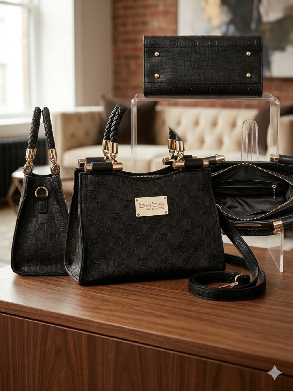 bebe Black Embossed Logo Satchel with Gold Plaque